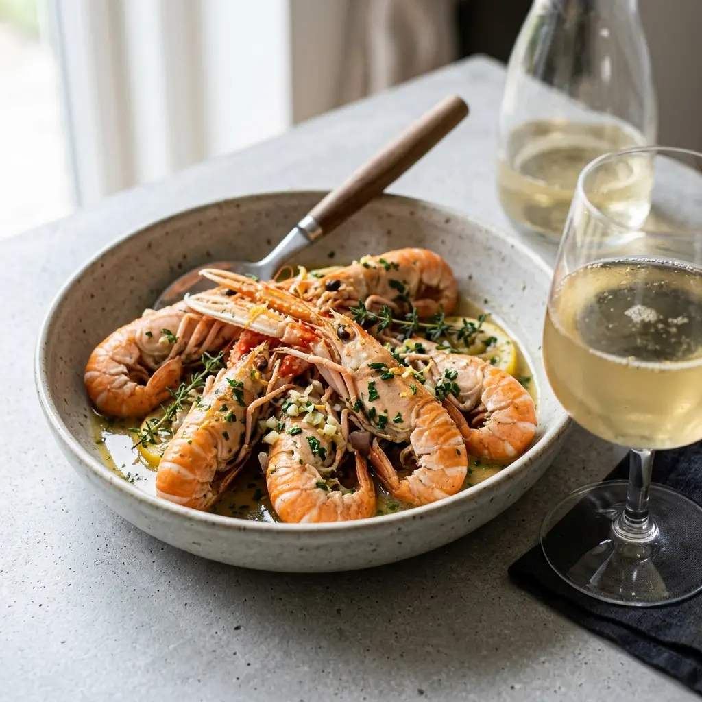 Langoustines gestoomd in witte wijn