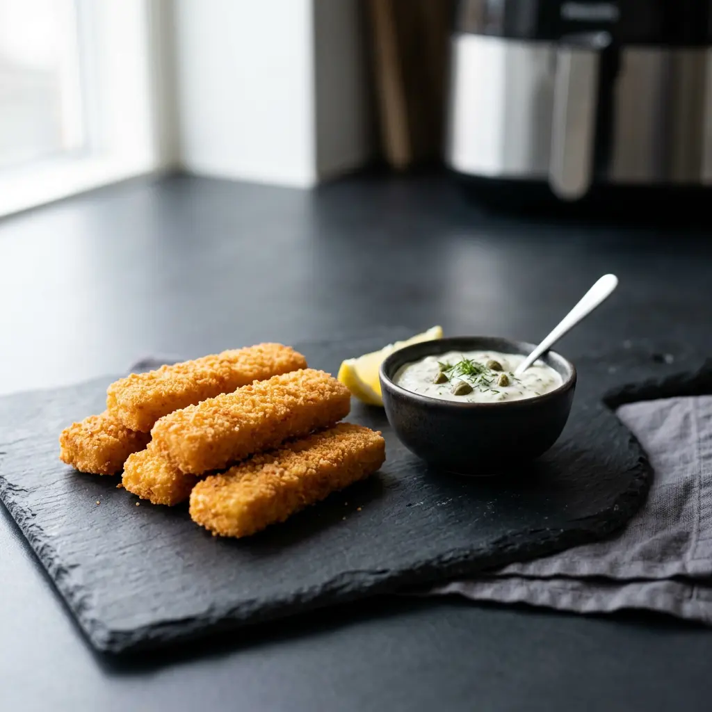 Foto van Bevroren vissticks uit de airfryer bereid in de airfryer