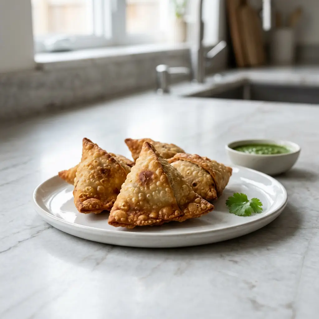 Foto van Diepvries-samosa's uit de airfryer bereid in de airfryer