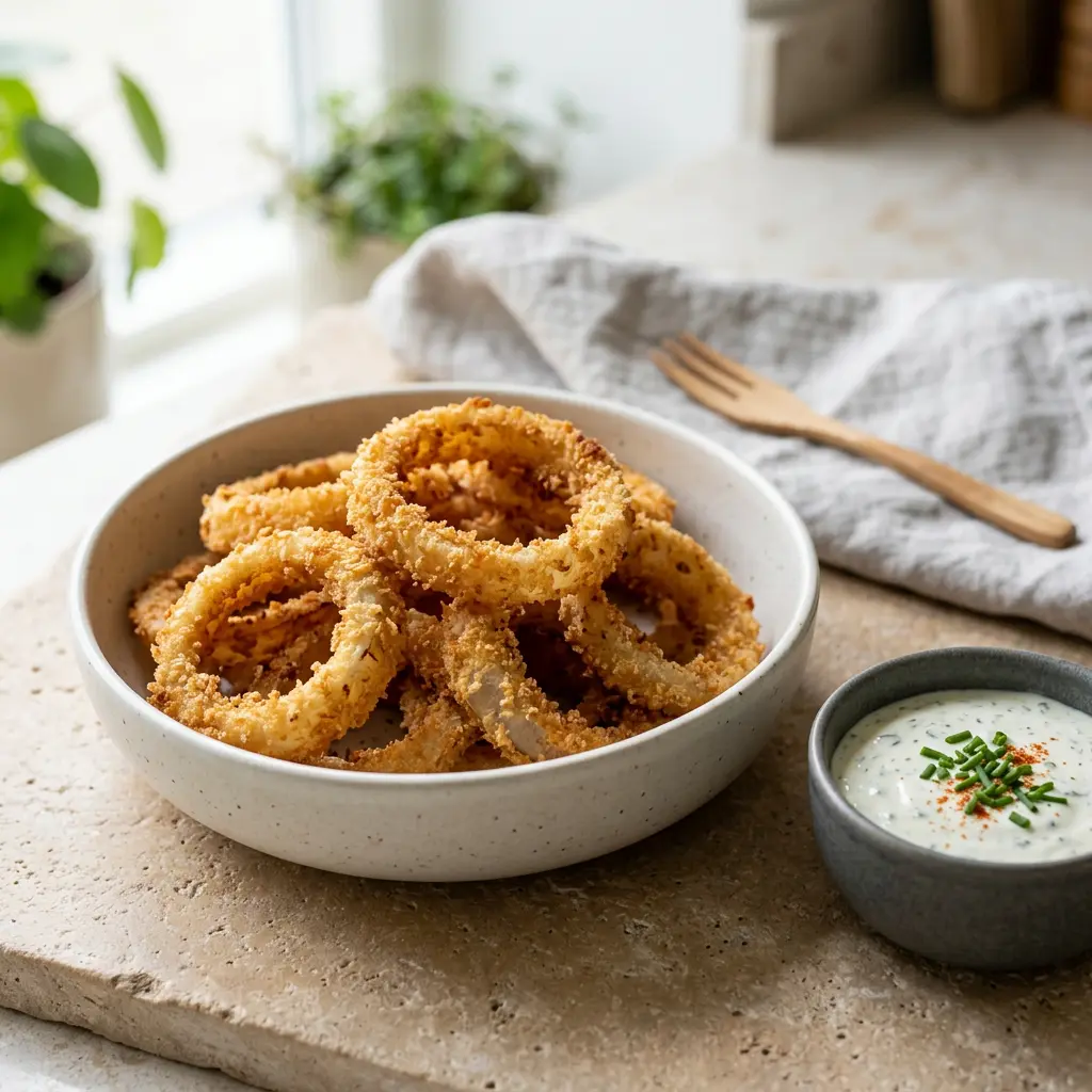 Foto van Gepaneerde uienringen uit de airfryer bereid in de airfryer