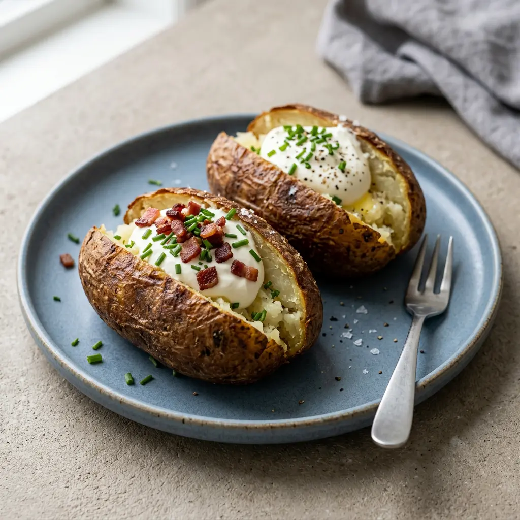 Foto van Grote bakaardappelen uit de airfryer bereid in de airfryer