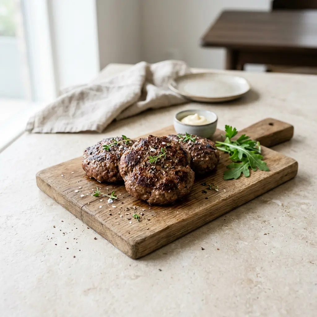 Foto van Hamburgerpatties uit de airfryer bereid in de airfryer