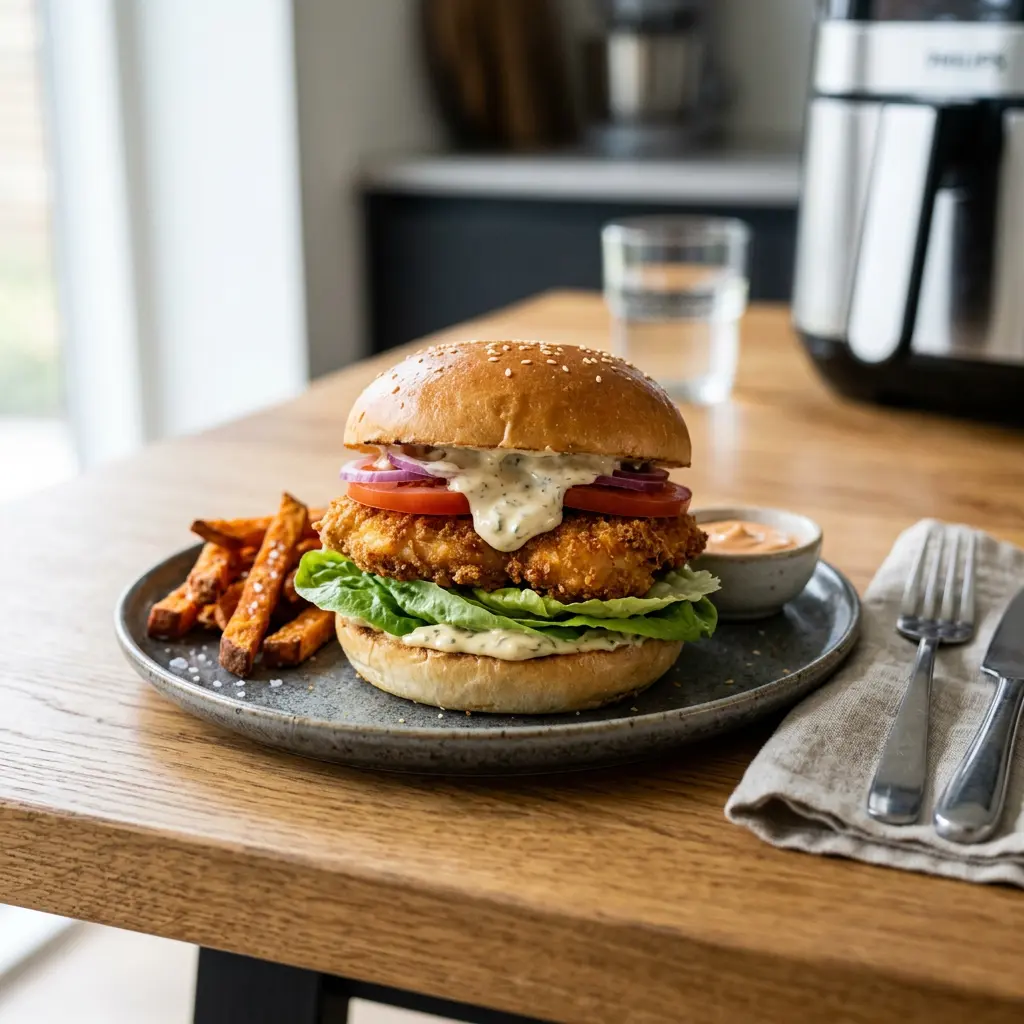 Foto van Kipburger uit de airfryer bereid in de airfryer