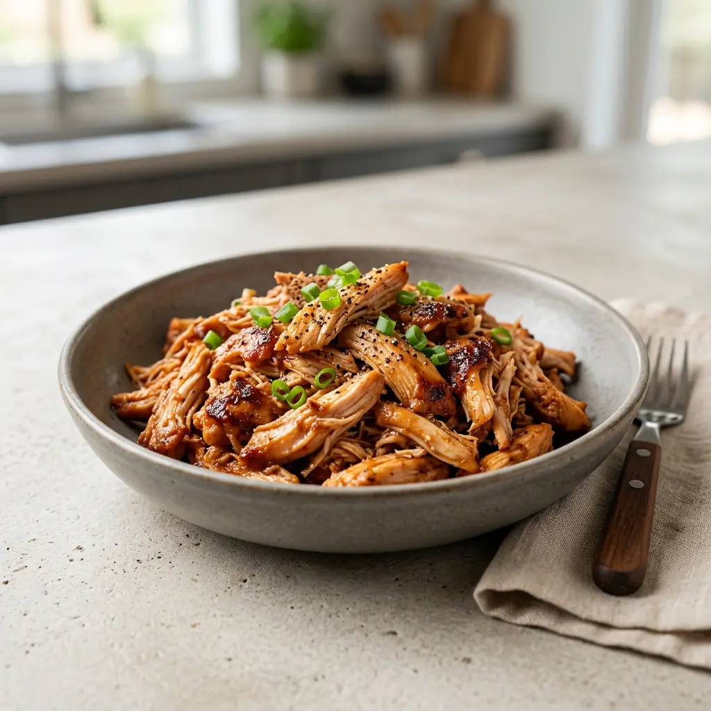 Foto van Pulled chicken uit de airfryer bereid in de airfryer