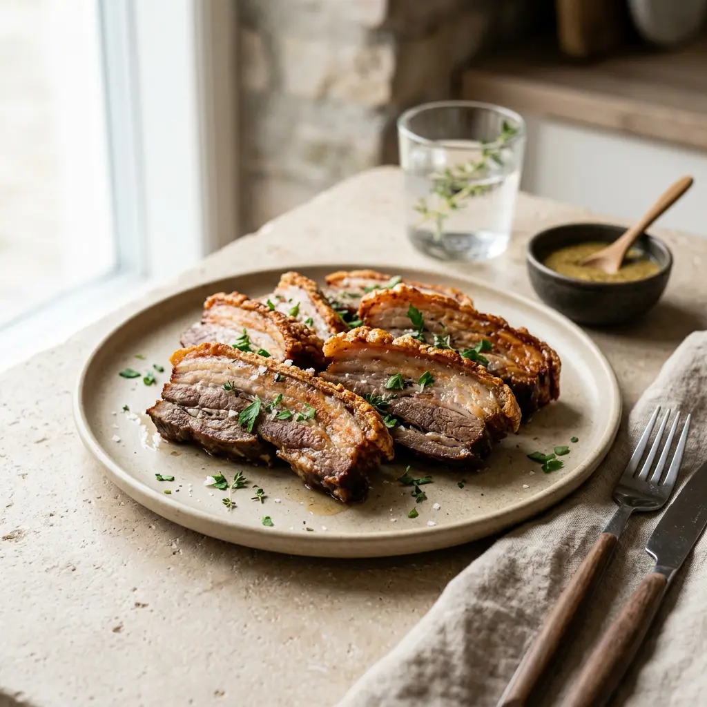 Foto van Varkensbuik uit de airfryer bereid in de airfryer