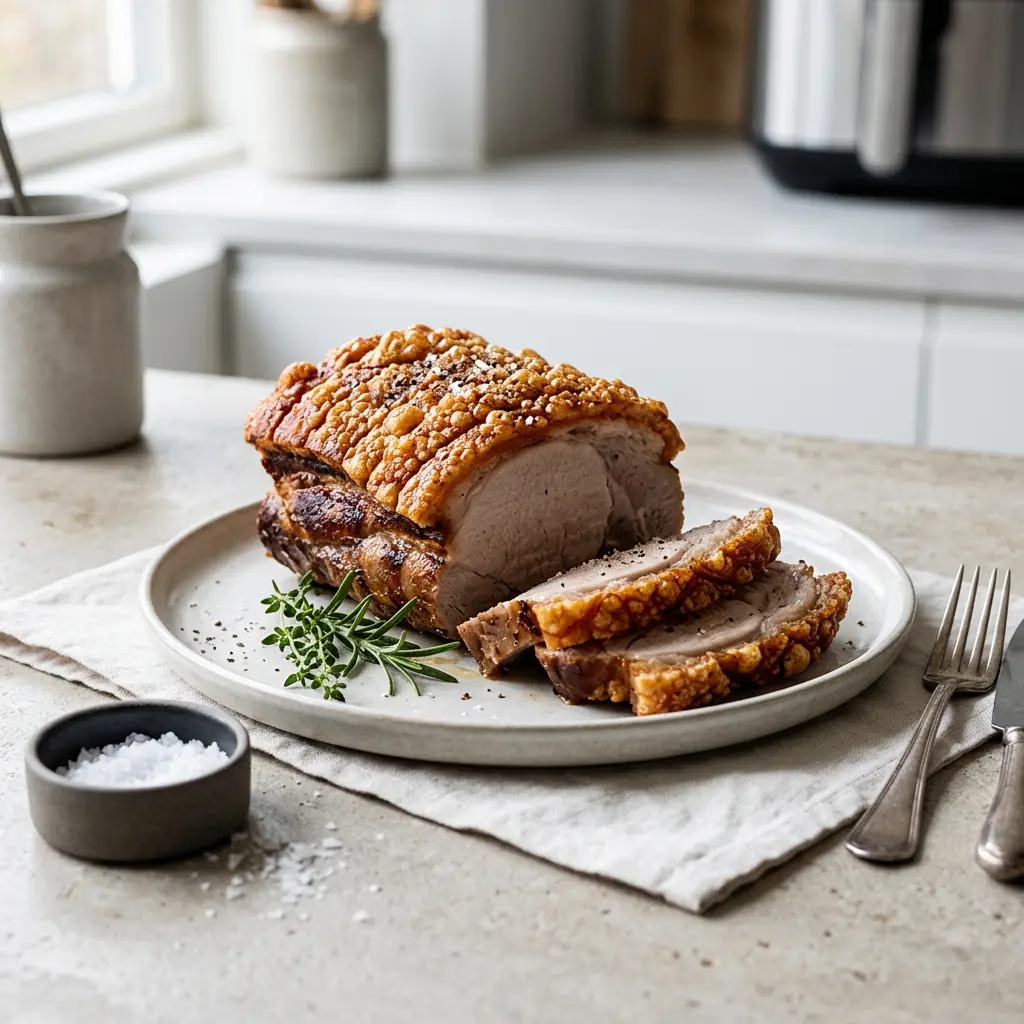 Foto van Varkensgebraad met krokant zwoerd uit de airfryer bereid in de airfryer