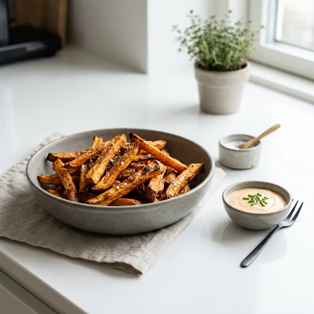 Foto van Zoete-aardappelfriet uit de airfryer bereid in de airfryer