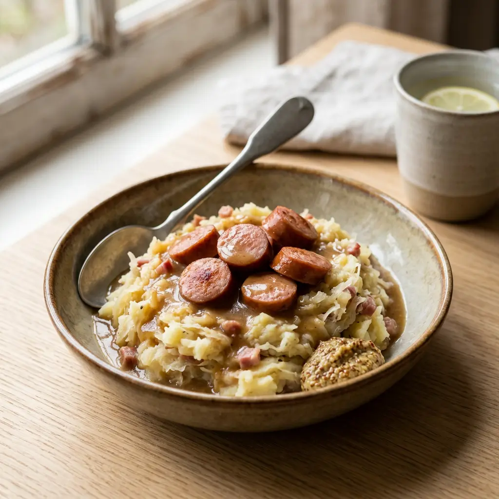 Foto van Zuurkoolstamppot klaar om te serveren